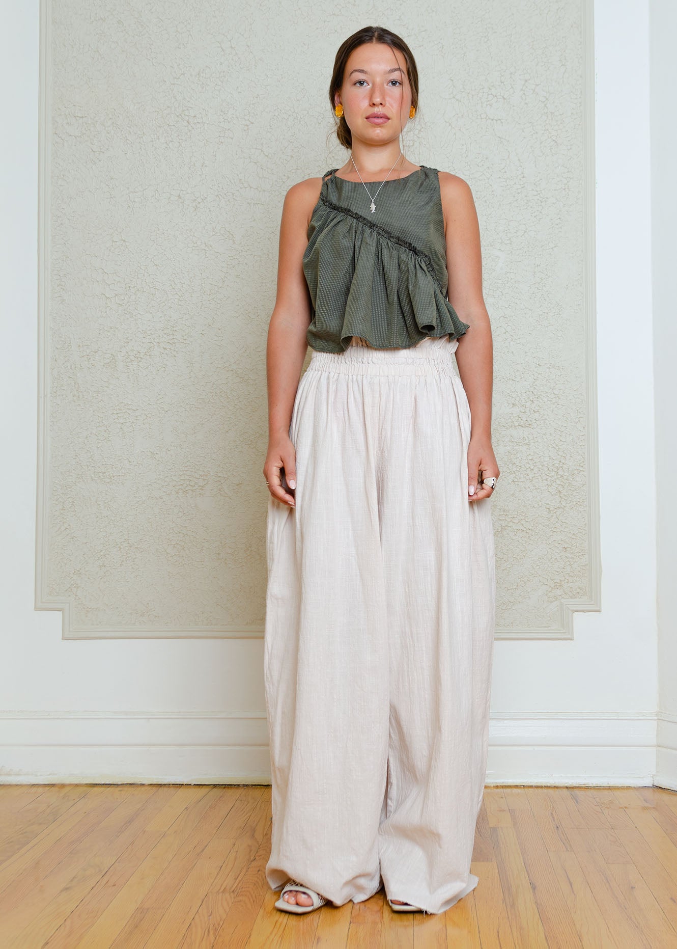 Ganni Gathered Tank Top (Khaki Silk/Cotton)