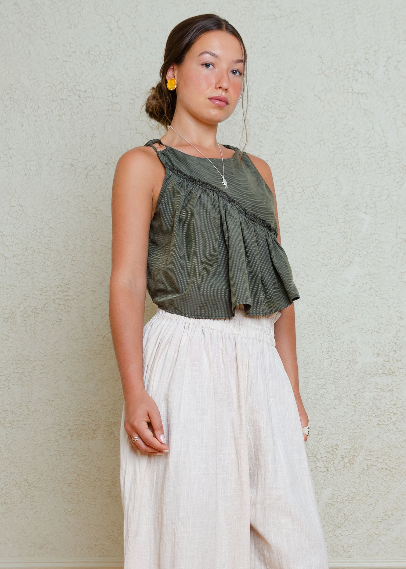 Ganni Gathered Tank Top (Khaki Silk/Cotton)