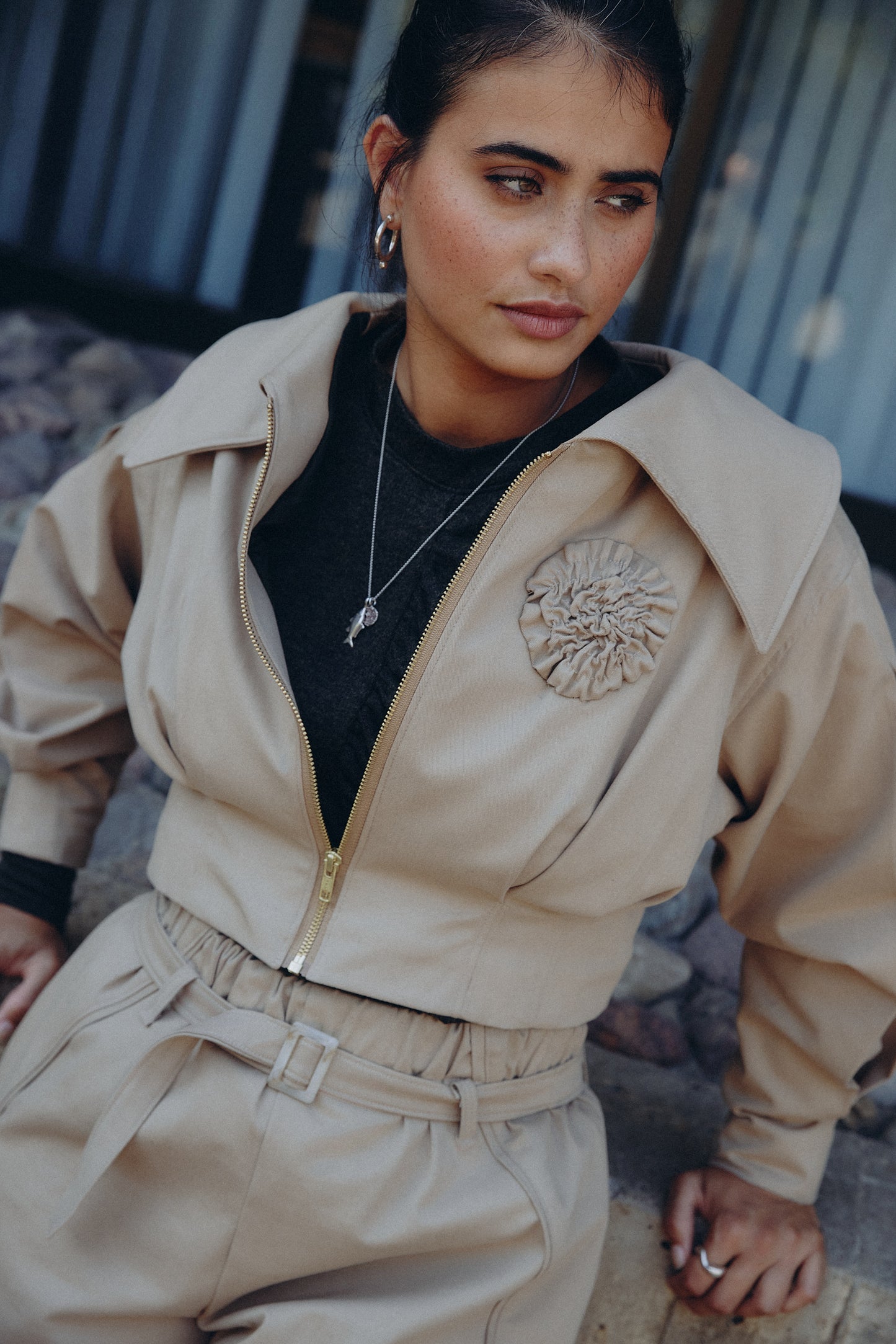 Emilie Cropped Jacket (Khaki Cotton)