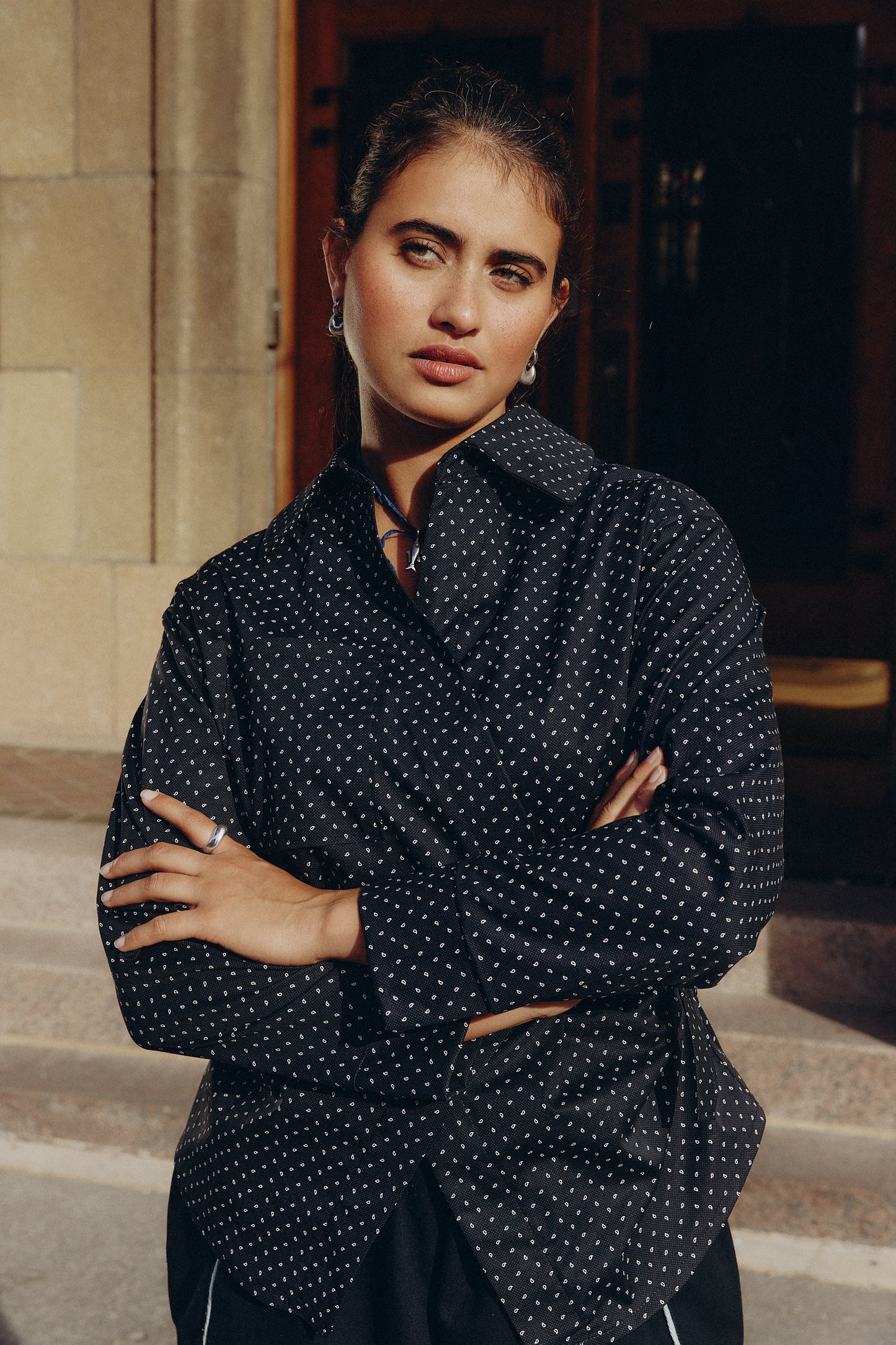 Amaya Asymmetrical Shirt (Black Print)