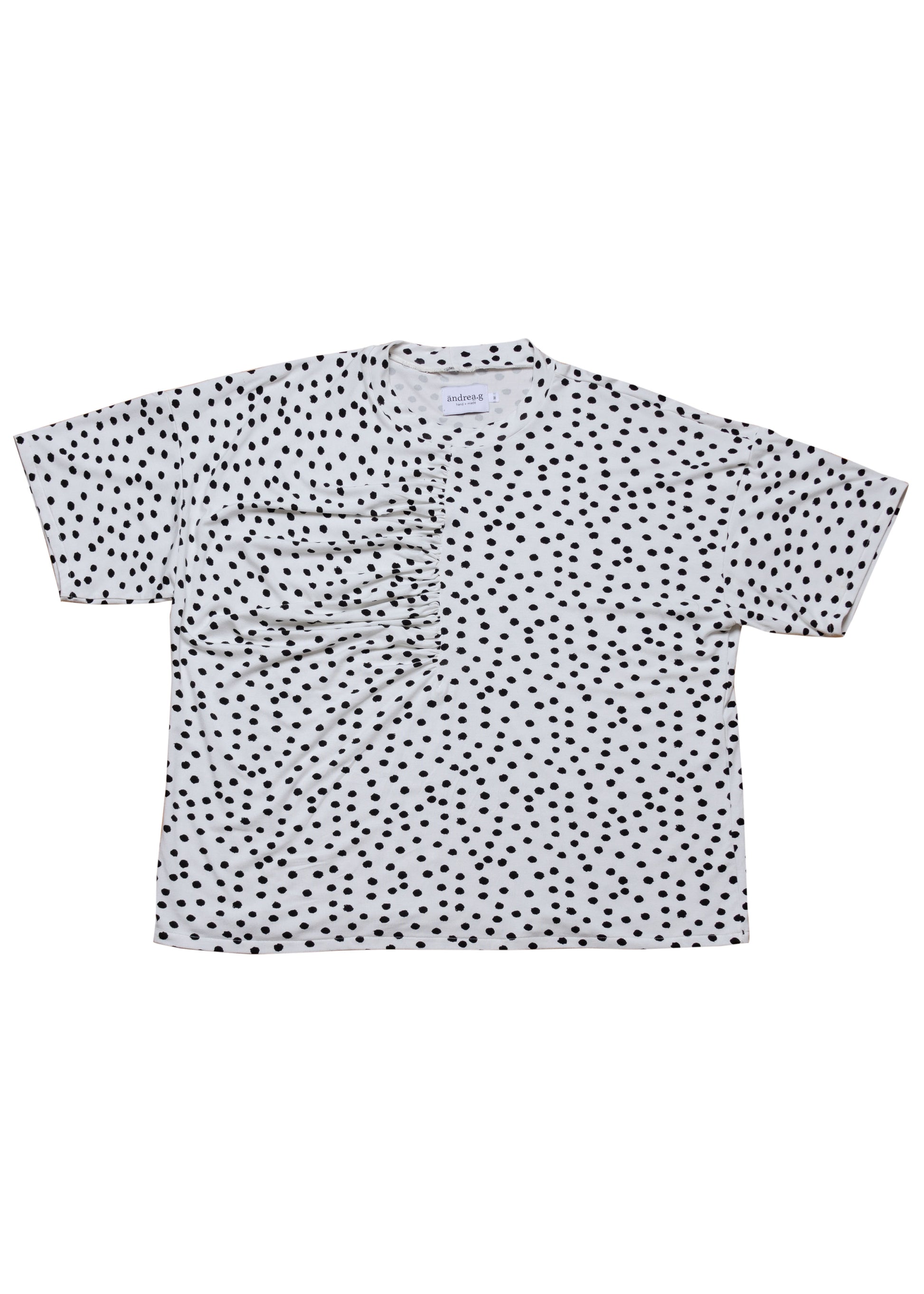 Cream oversized bamboo black and white polka dot t-shirt with gathering detail