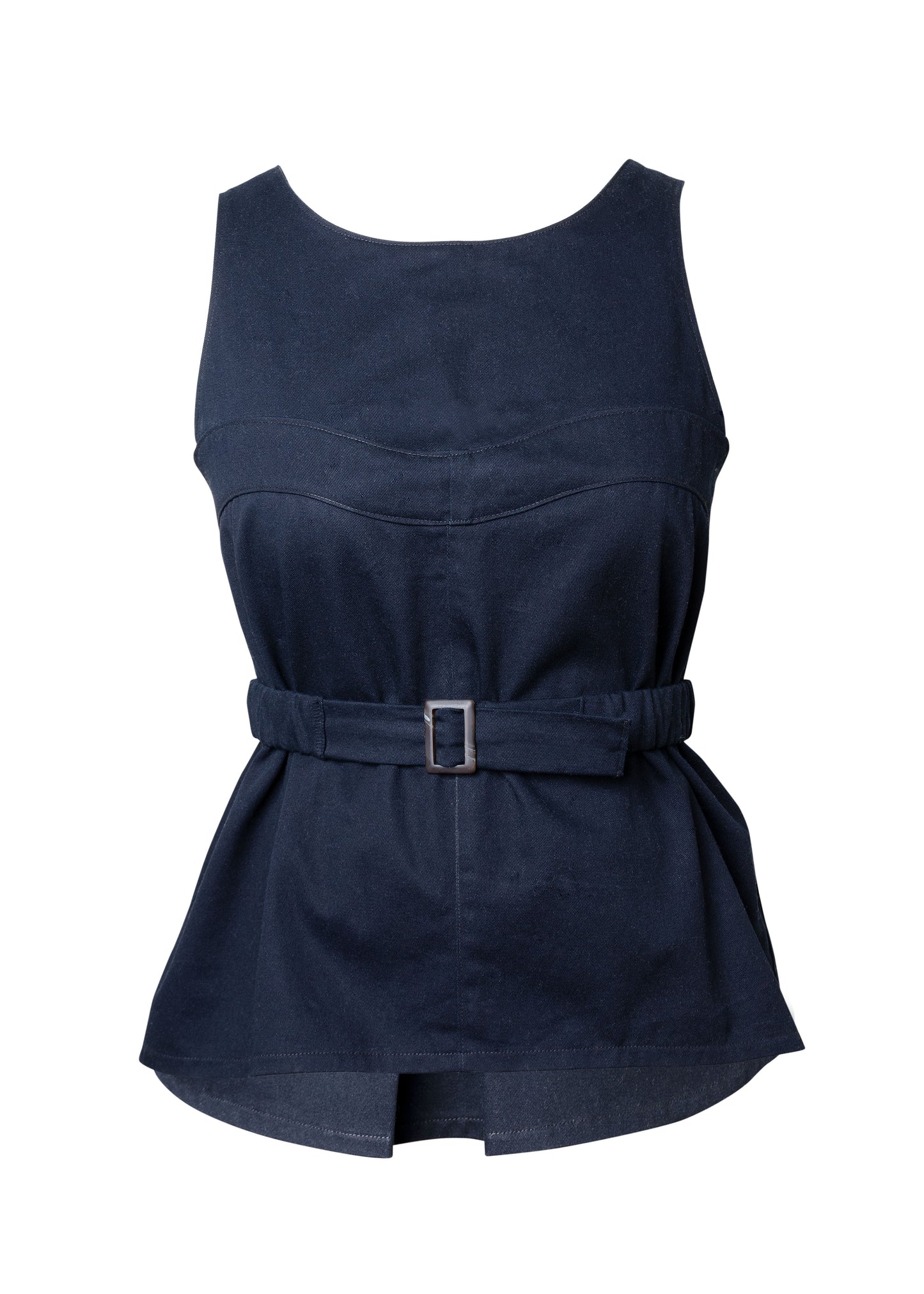 A-line denim tank top with curved "faux bustier" design lines, slight hi-lo hem, low back and centre back pleat detail. Comes with removable fabric belt. We love the versatility and casual glamour of this tank top. The structured silhouette is ultra flattering and the low back makes it a little flirty. Tuck it into high waisted shorts for an everyday look, or add the belt if you want to show off that waistline. Made from 10oz cotton twill. 