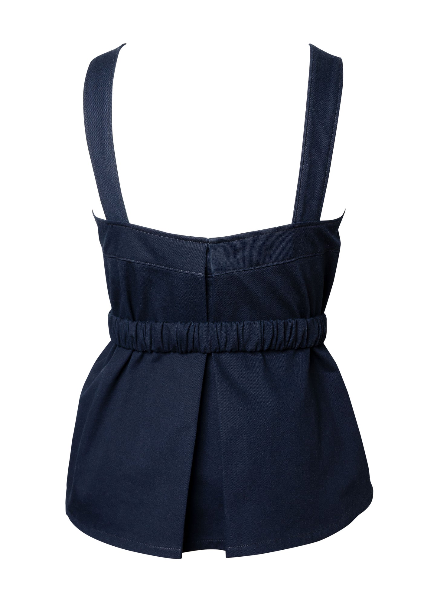 A-line denim tank top with curved "faux bustier" design lines, slight hi-lo hem, low back and centre back pleat detail. Comes with removable fabric belt. We love the versatility and casual glamour of this tank top. The structured silhouette is ultra flattering and the low back makes it a little flirty. Tuck it into high waisted shorts for an everyday look, or add the belt if you want to show off that waistline. Made from 10oz cotton twill. 